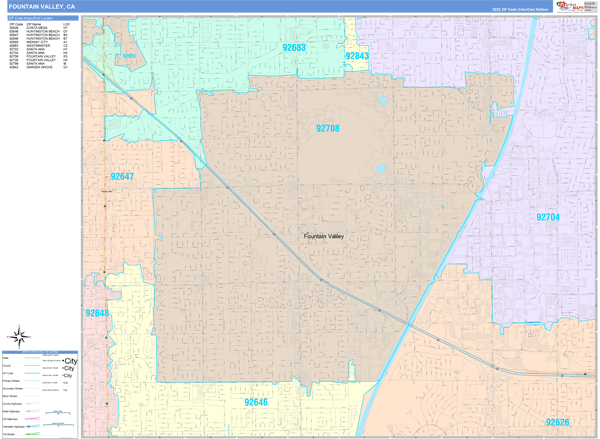 Fountain Valley City Wall Map Color Cast Style